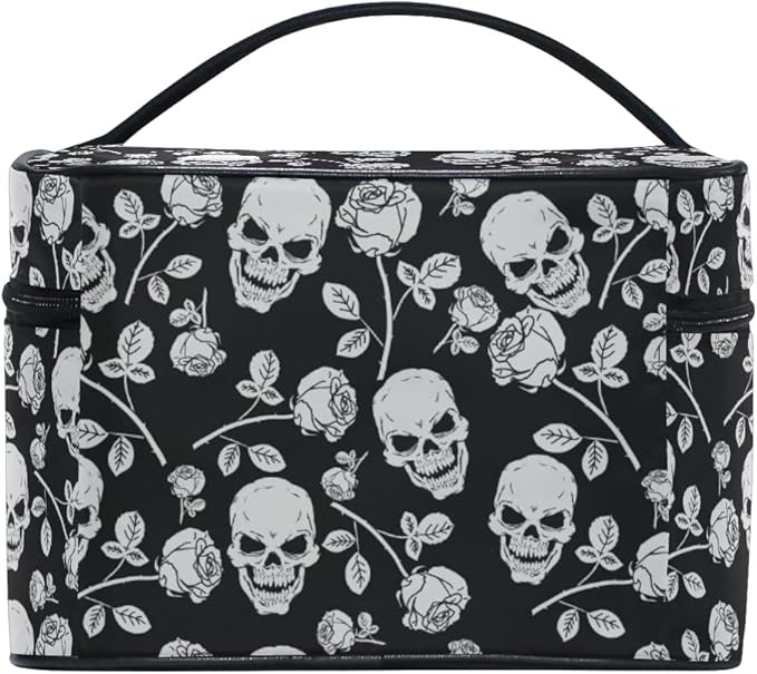 Skull Makeup Bag, Skull Rose Gothic Makeup Organizer Bags Toiletry Bag Box Travel Cosmetic Bag Make Up Train Case for Women Teen Girl Ladies
