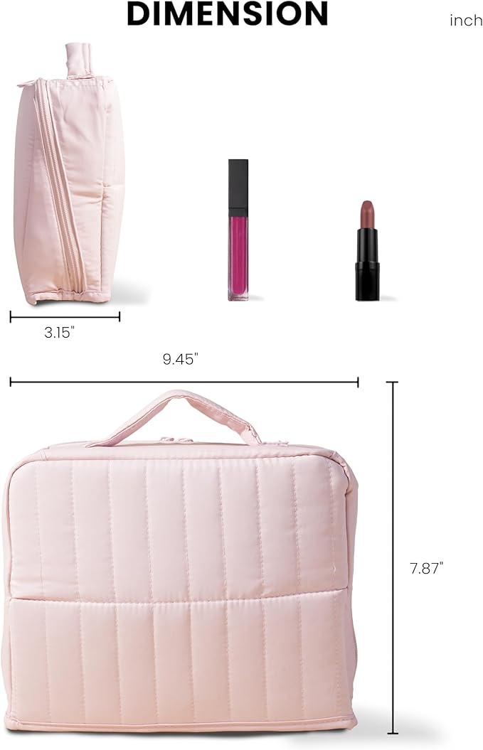 APT 1101 Standing Makeup Bag, Travel Makeup Organizer with Magnetic Fold-Down Design, Portable makeup Case with Compartments for Brushes & Tools (Light Pink)