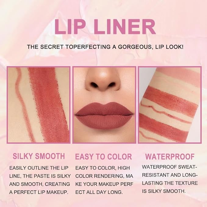 BINGBRUSH 3Pcs Double Ended Light Brown Nude Beige Matte Lip Liner and Lipstick Makeup Combo Set for Women, Rose Gold Lipliner 24 Hours Original Waterproof Long Lasting Lip Stains Pencil Kit Set