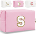 Small Personalized Letter Makeup Bag, Cute PU Leather Chenille Letters Cosmetic Bag Travel Makeup Pouch, Preppy Travel Organizer Zipper Pouch for Women&Girls（Pink-S）