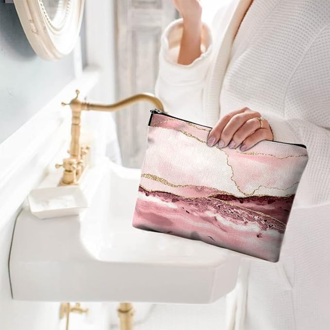 Cute Makeup Bag for Purse Canvas Waterproof Funny Cosmetic Bags for Women Zipper Travel Toiletry Pouch-Pink Marble Makeup Bags
