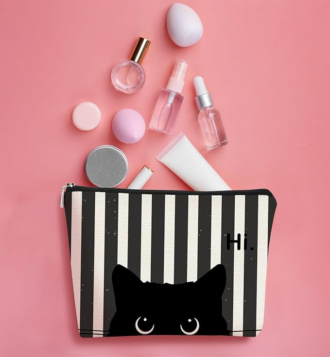 Striped Cat Makeup Bag - Small Cute Cosmetic Bag for Women & Teen Girls - Black Cat Purse Gift for Cat Lovers & Owners