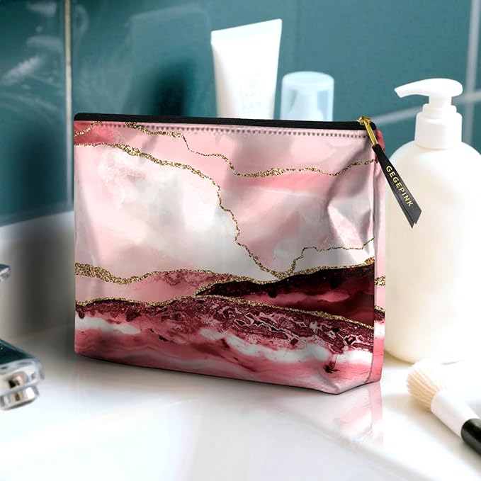Cute Makeup Bag for Purse Waterproof Cosmetic Bags for Women Funny Smooth Zipper Travel Toiletry Pouch 10X8 Inches-Pink Marble Makeup pouch