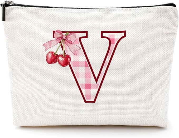 Initial Makeup Bag Monogram Cosmetic Bag Monogrammed Gifts for Women Girls Friends Coworker Teacher Personalized Travel Toiletry Bag Christmas Bridal Shower Wedding Bridesmaid Gifts, Cherry V