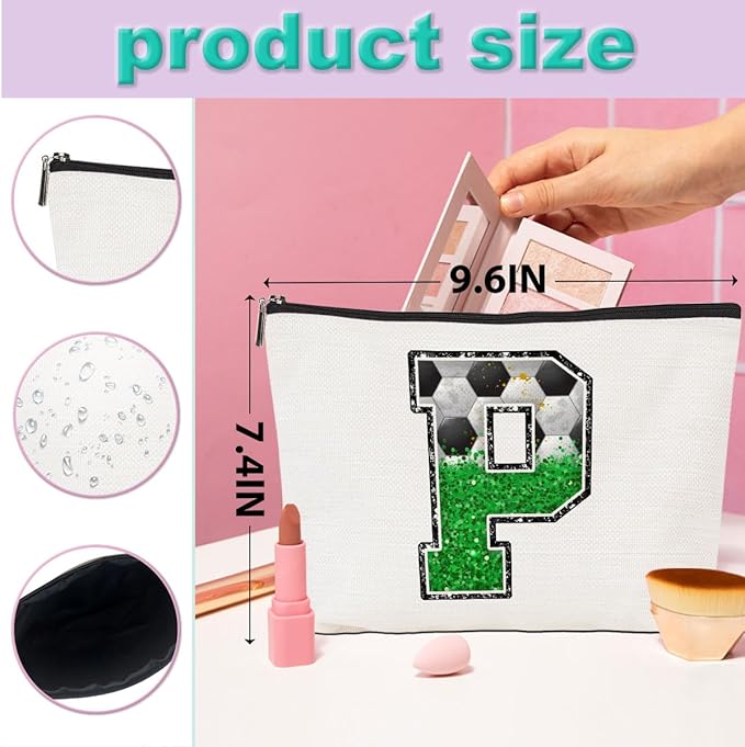 Soccer Gifts Initial Makeup Bag Monogrammed Cosmetic Bag Letter P Zipper Pouch Soccer Accessories for Girls Women Soccer Player Coach Friend Soccer Stuff Graduation Birthday Gifts