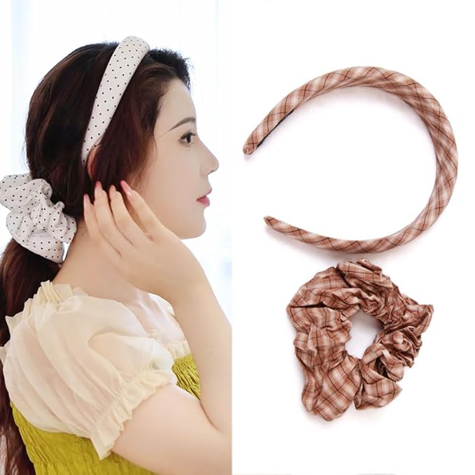 Headband and Scrunchie Set for Women 2Pack Hair Ties for Girls Elastics Bands Ponytail Holder Hair Accessories Coffee Lattice