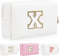 Personalized Initial Letter Patch Makeup Bag, Preppy Portable Chenille Cosmetic Bag with Zipper, PU Leather Waterproof Travel Toiletry Bag Monogram Make Up Pouch for Women Girls