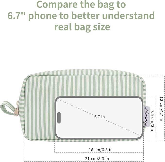 Narwey Cute Makeup Bag Small Toiletry Bag Travel Cosmetic Bag Organizer Make Up Bags with Organized Pockets for Women (Mint Green Stripe, Large)