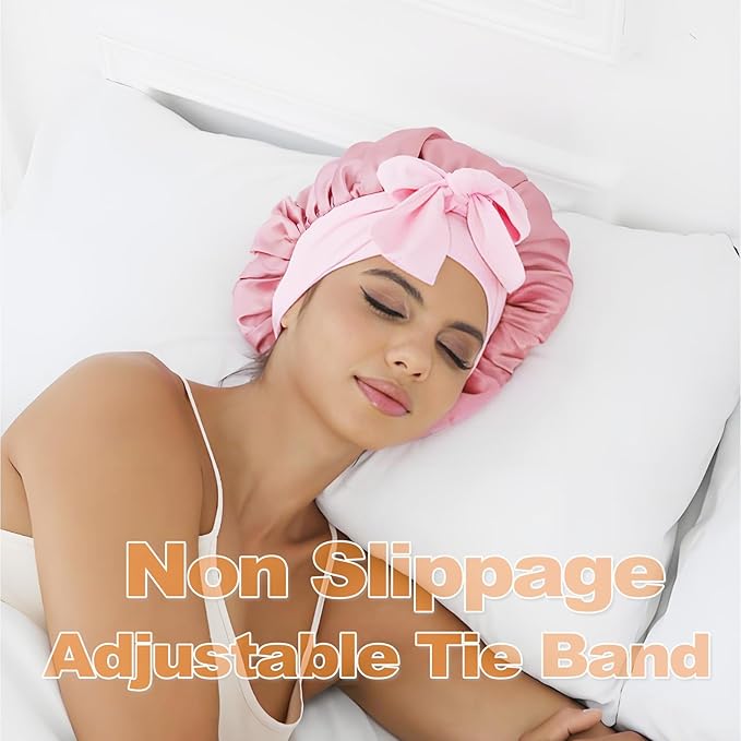 GDTOGRT Satin Silk Bonnet for Sleeping Women - Double Layer Sleep Hair Bonnets Caps for Curly Braid Hair with Tie Band
