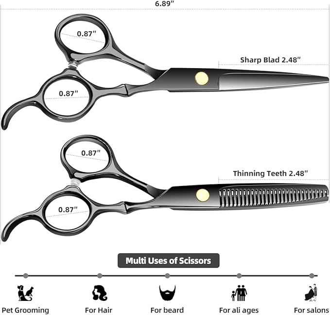 Professional Hair Cutting Scissors Sets Stainless Steel Barber Hairdressing Scissors Multifunctional Salon Thinning Scissors Straight Shears Tools Gifts for Mom Dad and Friends (Black)