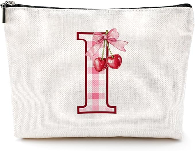 Initial Makeup Bag Monogram Cosmetic Bag Monogrammed Gifts for Women Girls Friends Coworker Wife Personalized Travel Toiletry Bag Christmas Bridal Shower Wedding Bridesmaid Gifts, Cherry I