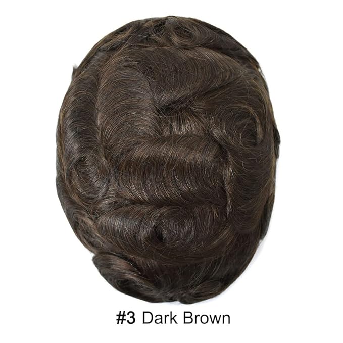 Toupee for Men French Lace Center Human Hair Replacement Systems Transparent Lace Center Hair Piece Mens Toupee Hair Units for Man V-Looped Front Male Hair Prosthesis 6"X9" 3# DARK BROWN