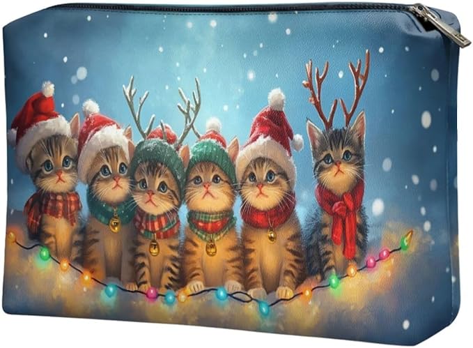 COEQINE Xmas Lights Cat Makeup Bag for Women Leather Mini Cosmetic Bag For Purse Cute Aesthetic Toiletry Bag for Ladies Travel Make Up Brush Holder Lips Storage Holiday Handbags