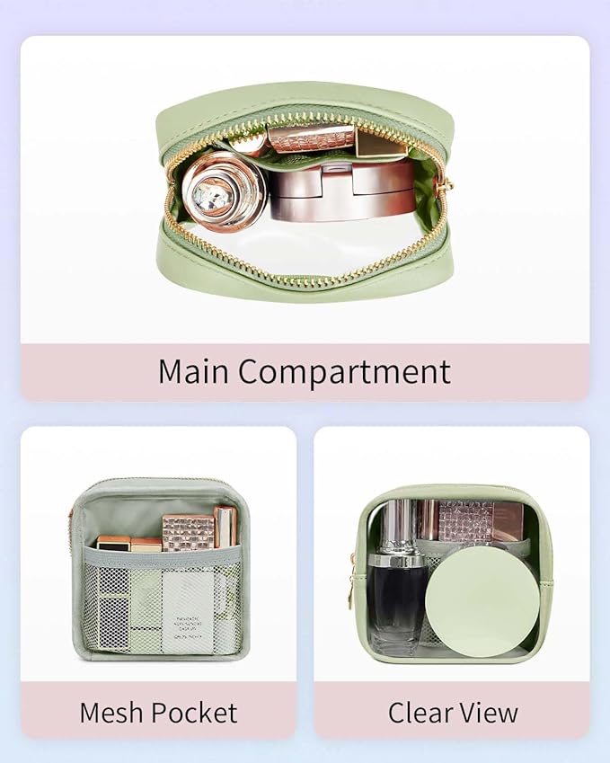 Wandering Nature Clear Makeup Bag for Purse Mini Make up Cute Cosmetic Bag Pouch for Women with Slip-in Pockets Travel Toiletry Essentials Eco Vegan Leather Organizer Bags(Patent Pending)
