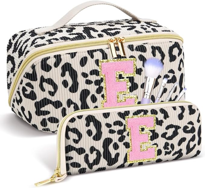Personalized Travel Makeup Bag Set,Initial Travel Cute Leopard Makeup Organizer Bag,Toiletry Skincare Cosmetic Bag,Christmas Gifts for Women/Girls,Open Flat Toiletry Pouch with Brush Pocket-E
