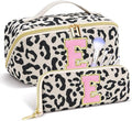 Personalized Travel Makeup Bag Set,Initial Travel Cute Leopard Makeup Organizer Bag,Toiletry Skincare Cosmetic Bag,Christmas Gifts for Women/Girls,Open Flat Toiletry Pouch with Brush Pocket-E
