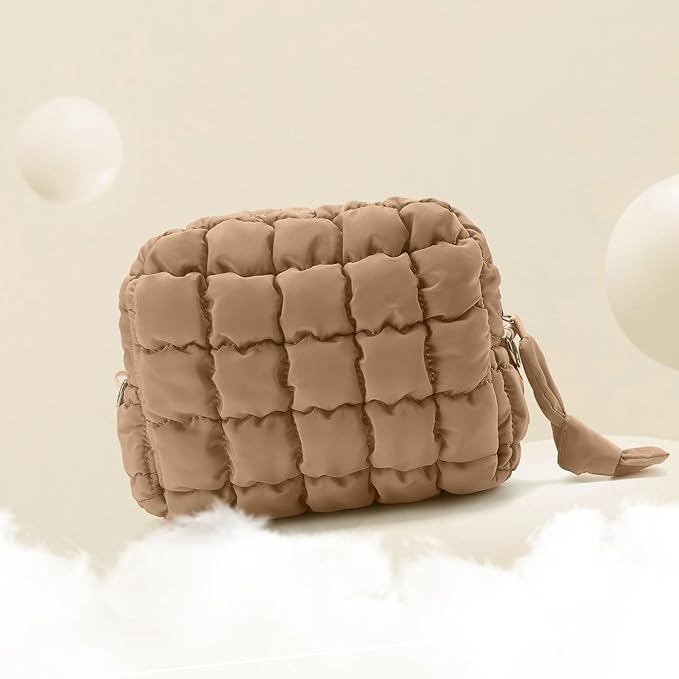 Puffy Quilted Makeup Bag Small Puffer Bag Cosmetic Bags Travel Toiletry Purse for Women, Cute Organizer Pouch, Khaki