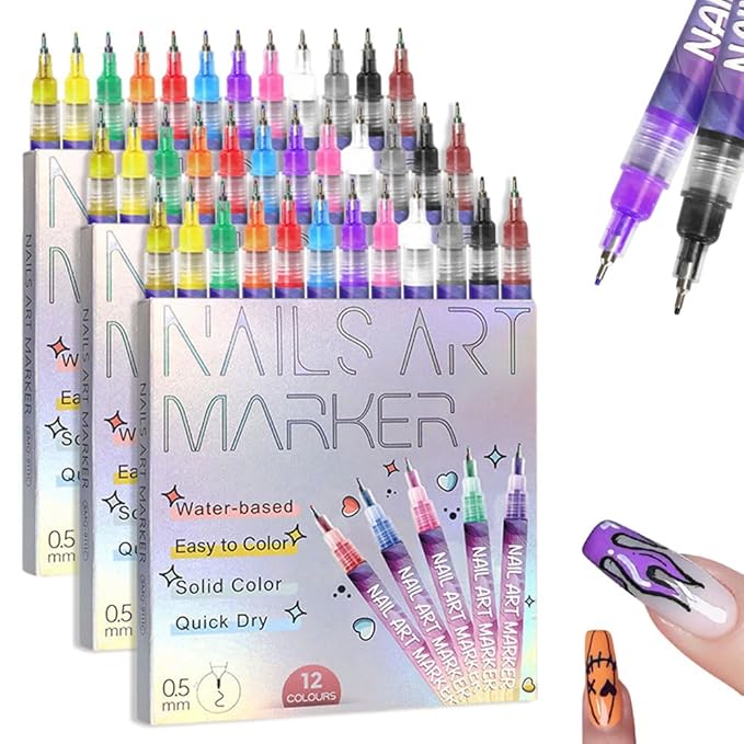 12 Colors Nail Art Pens Set, DIY Nail Art Markers for Kids and Adults, 0.5mm Fine Tip Nail Polish Pens for Graffiti Dotting Drawing Painting Point Liner (3 Sets)