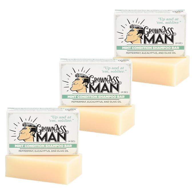 Grown Ass Man Co. - Solid Shampoo Bar Rich Lather 3 in 1: Hair, Beard & Body Wash - Plastic Free & Eco-Friendly, Natural & Organic Clean for All Hair Types, 4oz Bar (Mint Condition, 3-Pack)