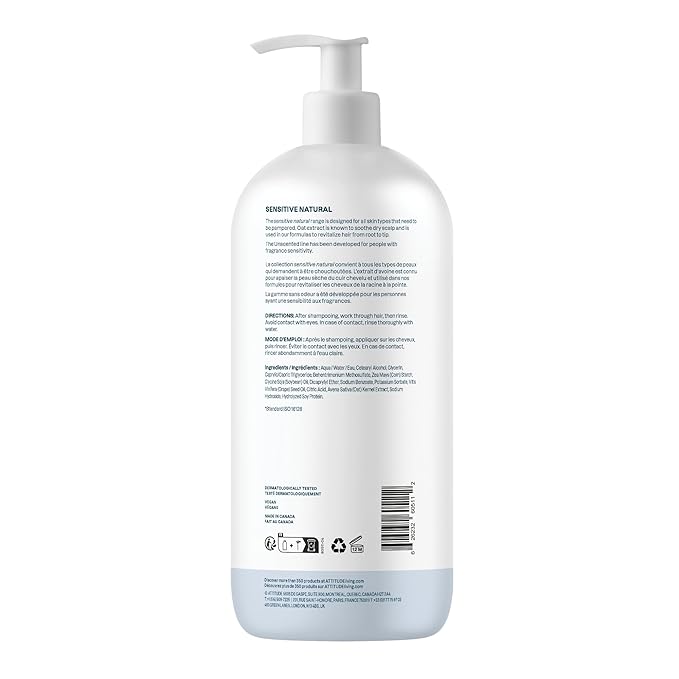ATTITUDE Hair Conditioner for Sensitive Dry Scalp, Soothing Oat, Naturally Derived Ingredients, Dermatologically Tested, Vegan Detangler, Extra Gentle, Unscented, 32 Fl Oz
