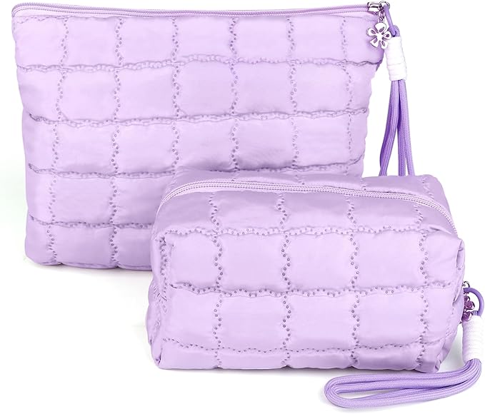 Richeart Makeup Bag Travel Toiletry Bag - Checkered Down Cotton Makeup Pouch for Women with Cosmetic and Pencil, Aesthetic Purple Design, 2 Pieces