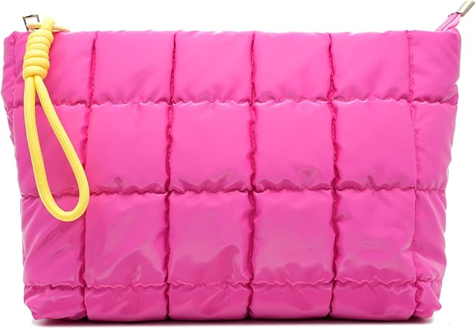 Puffer Quilted Makeup Bag Travel Cosmetic Bag Portable Puffy Checkered Toiletry Pouch Skincare Organizer Purse Pencil Case (Hot Pink)