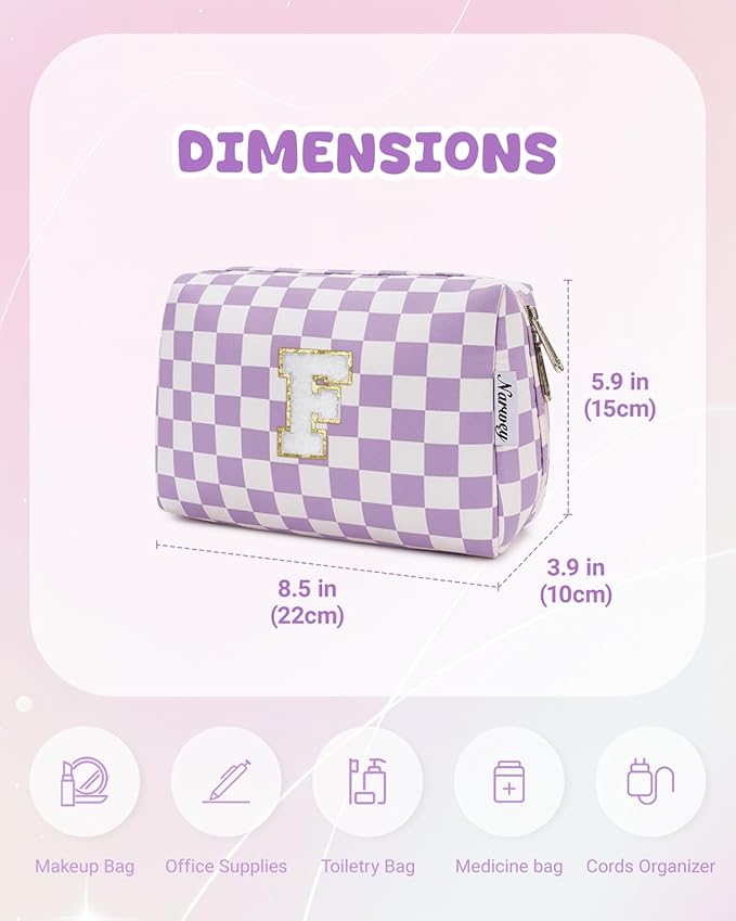 Narwey Birthday Gifts for Women Teen Girls Kids Personalized Initial Makeup Bag Monogram Preppy Cosmetic Bag Trendy Stuff 6 8 10 11 12 13 14 16 18 Years Old Travel Toiletry Bag (Purple Letter F)