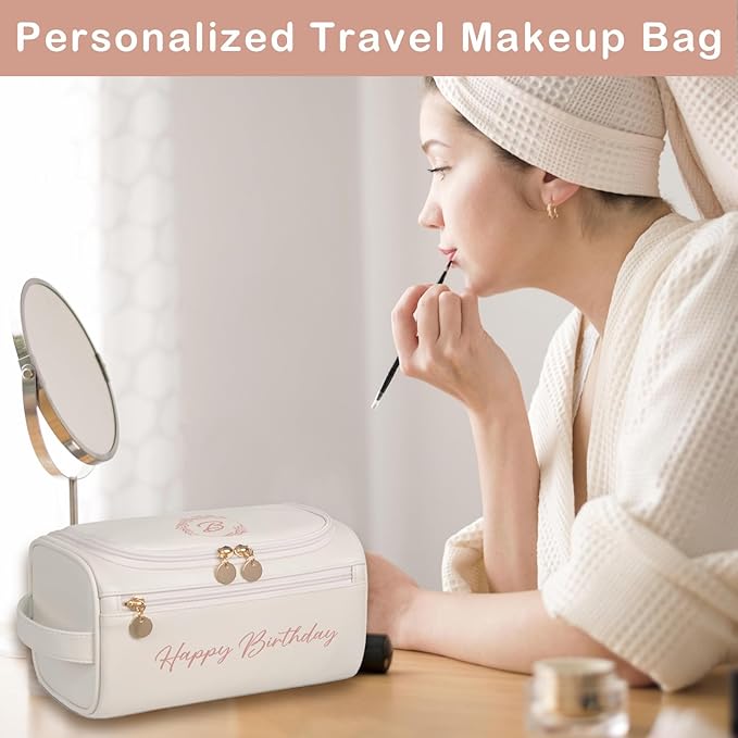 Personalized Makeup Bag for Women, Printed Initials Name Cosmetic Bag with Handle, Customized PU Leather Travel Toiletry Bag for Girls, Gifts for Bridesmaid, Daughter, Wife, Mothers Day