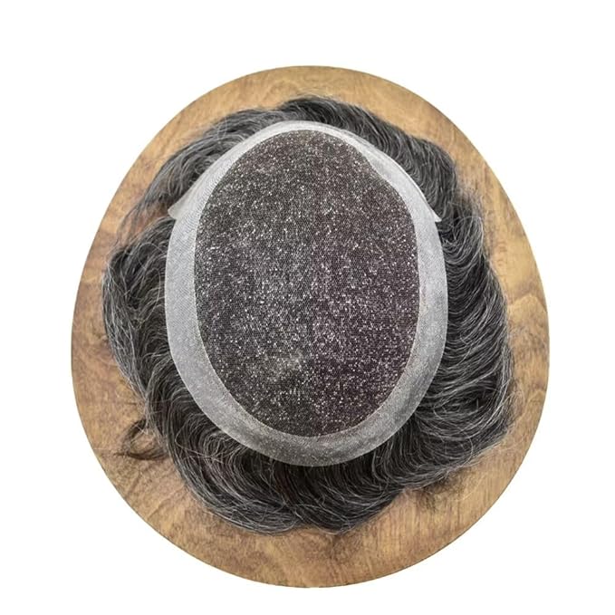 FACE MIRACLE French Lace Mens Toupee Human Hair System Lace Center Toupee for Men Thin Skin PU Around Hair Replacement System V-Looped Mens Hair Wig 6"X9" #1B30 1B# OFF BLACK WITH 30% SYNTHETIC GREY