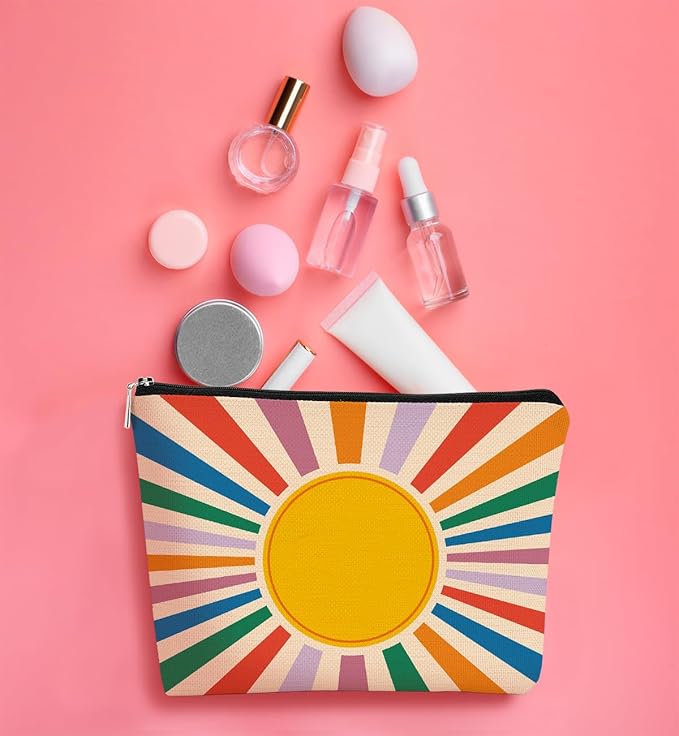 Retro Preppy Makeup Bag,Boho Sun Colorful Sunshine Ray Cosmetic Bag Best Gift for Sister Girls Girlfriend Wife,Daughter Gift from Mom,Birthday Christmas Valentine's Day Gifts