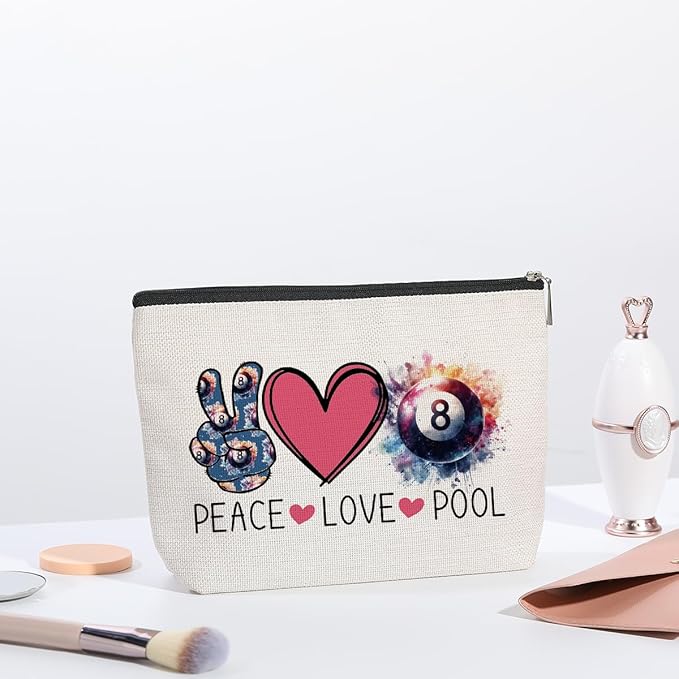 Billiards Gifts Billiards Lover Gifts Billiards Cosmetic Makeup Bag Pool Player Gift Cue Sports Merchandise Peace Love Lucky 8 Pool Travel Toiletry Makeup Organizer Zipper Pouch