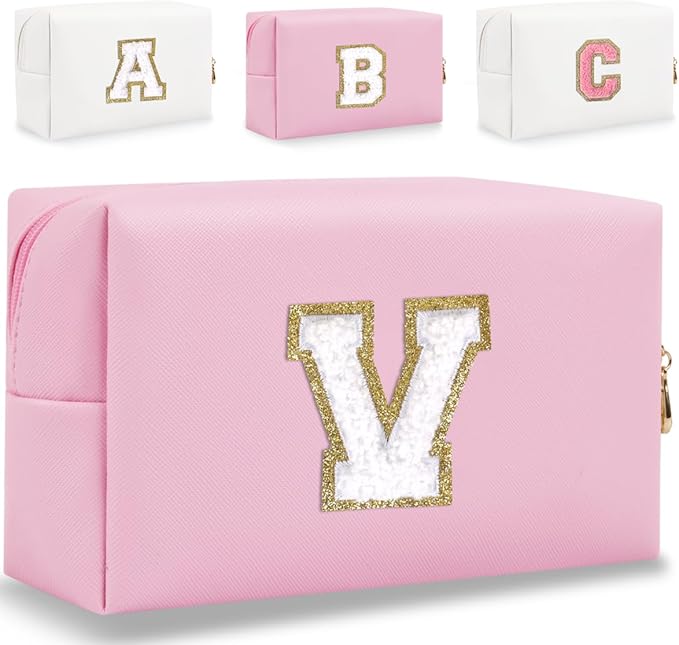 Small Personalized Letter Makeup Bag, Cute PU Leather Chenille Letters Cosmetic Bag Travel Makeup Pouch, Preppy Travel Organizer Zipper Pouch for Women&Girls（Pink-V）