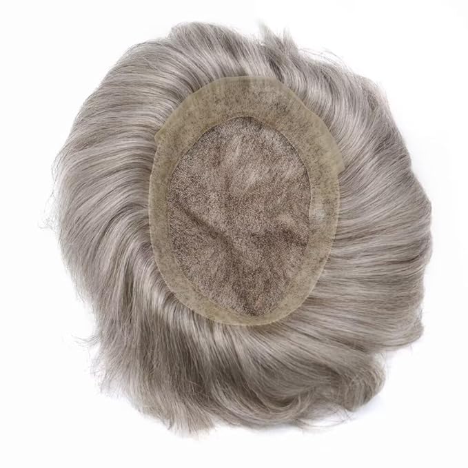 FACE MIRACLE Toupee for Men French Lace Hairpiece Human Hair Replacement System Skin PU Mens Toupee Hair Wigs for Man V-Looped Front Hair Prosthesis 6"X8" #580 5# MEDIUM LIGHT BROWN WITH 80% GREY