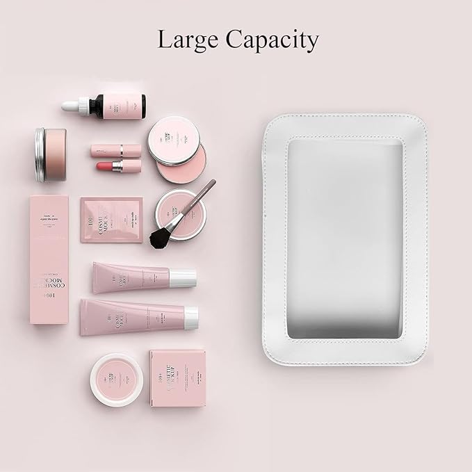 Clear and Waterproof Makeup Bag Portable Travel Cosmetic Case Organizer for Women Toiletry Pouch with Transparent Vinyl Windows & Zippers (White)
