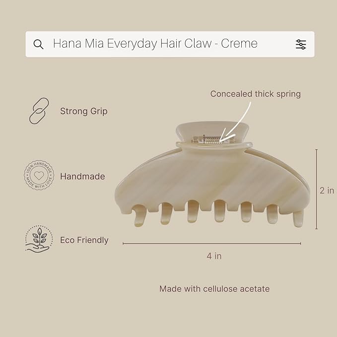 Premium Durable Acetate Hair Claws - Large 4 Inch No-Slip Claws for Thick Hair | 1 Piece (Creme)