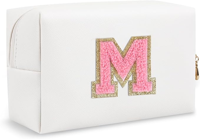 Small Travel Initial Preppy Makeup Bag, Personalized White Cute Cosmetic Organizer Chenille Letter Travel Toiltery Zipper Pouch, Waterproof PU Leather Make Up Case Gifts for Mom Women Female(Letter M)