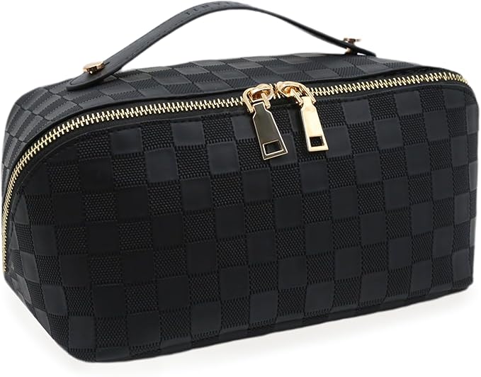 Travel Makeup Bag – Large Cosmetic Organizer with Waterproof PU Leather, Smooth Double Zipper & Tear-Resistant Lining, Toiletry Pouch for Women (Black)