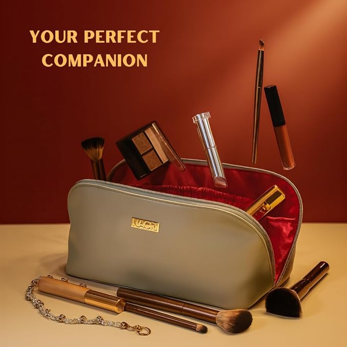 NAORI Travel Makeup Bag for Women | Large Luxury Cosmetic Organizer with Handle & Inner Pockets | Waterproof Leather Toiletry Bag | Makeup Case for Home, Travel & Gifting (Soft Grey)