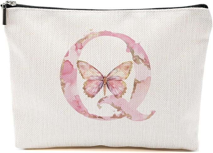 Initial Makeup Bag Pink Butterfly Q Personalized Cosmetic Bag Monogrammed Gifts for Women Girls Mom Bridesmaid Monogram Zipper Pouch for Friendship Mothers Day Birthday Wedding Bridal Shower Gifts