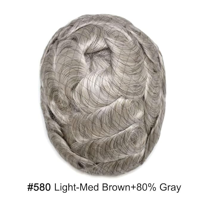 FACE MIRACLE Toupee for Men French Lace Hairpiece Human Hair Replacement System Skin PU Mens Toupee Hair Wigs for Man V-Looped Front Hair Prosthesis 6"X8" #580 5# MEDIUM LIGHT BROWN WITH 80% GREY