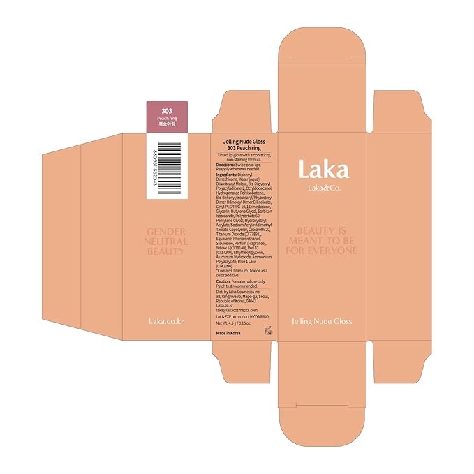 Laka Jelling Nude Gloss, 4.5g/0.15oz, Sheer Hydrating Lip Oil with No Stain, Non-Sticky, Nourishing Gloss for a Fresh, Glowy Look, Vegan, Clean Beauty Makeup, K-Beauty (#303 Peach Ring)