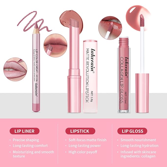 3PCS Lip Liner and Lipstick Combo Set - Matte Lip Liner Pencil, Velvet Matte Lipstick & Hydrating Collagen Lip Gloss - Long-Lasting, Smudge-Proof, High Pigment Nude Brown Lip Makeup Kit (#2 Red Rose)