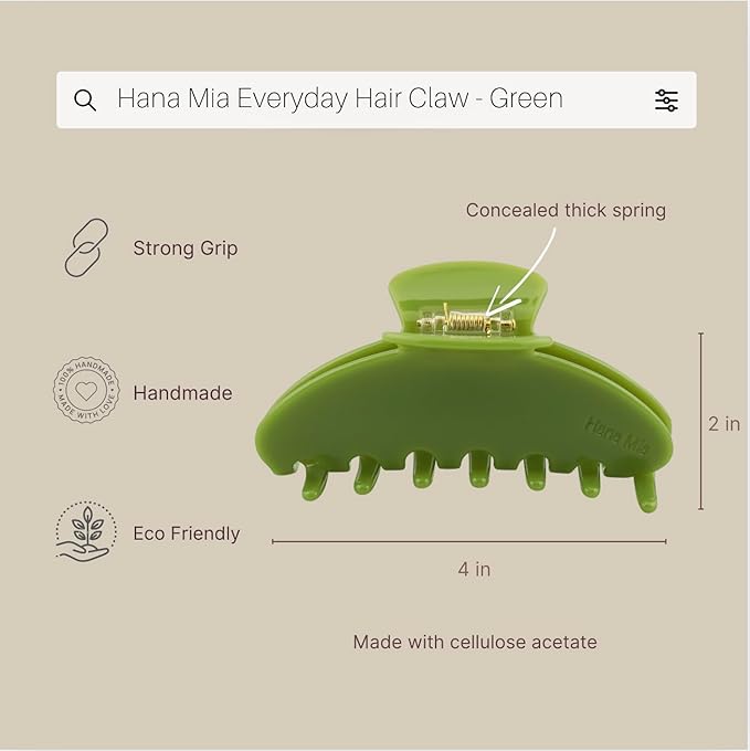 Premium Durable Acetate Hair Accessories - Large No-Slip 4 Inch Claw Clips for Women's Thick Hair (Green)