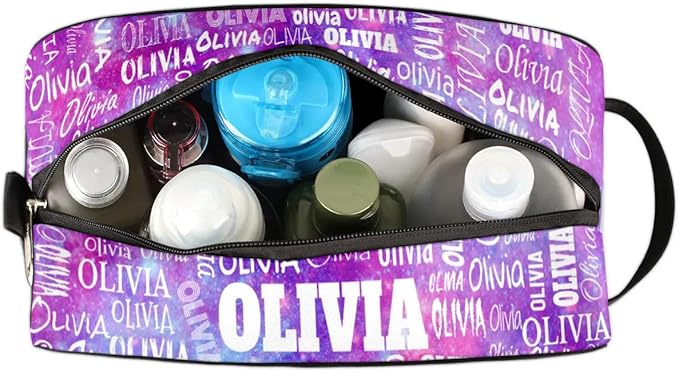 Custom Travel Cosmetic Bag with Name, Personalized Large Capacity Weekend Toiletry Bag Portable Bathroom Makeup Organizer, Watercolor Purple Galaxy
