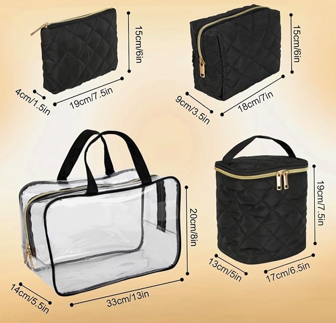 4-Piece Quilted Makeup Bag Gift Set, with Clear Cosmetic Travel Case, Water Resistant, Gold Zippers, Black
