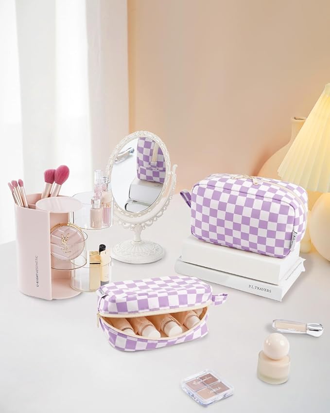 Narwey Checkered Makeup Bag Travel Cosmetic Bag Organizer Small Toiletry Bag Make Up Bags with Organized Pockets for Women (Purple Checkerboard, Large)