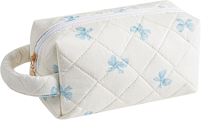 JOVAKIT Travel Makeup Bag Cosmetic Bag for Women, Christmas Gifts, Small Floral Flowers Coquette Toiletry Bag with Handle, Zipper Make Up Pouch Organizer Bag Trendy Stuff (Blue Bow Tie)