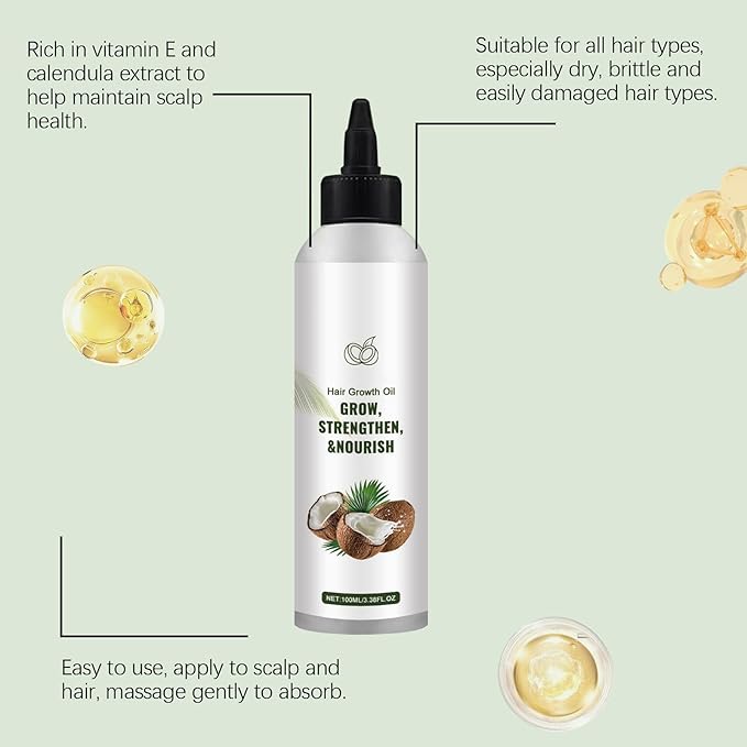 Natural Coconut Oil for Hair Growth,Nourishing Scalp Treatment for Stronger Strands,Frizz Control & Split End Repair,for All Hair Types,3.38Fl Oz
