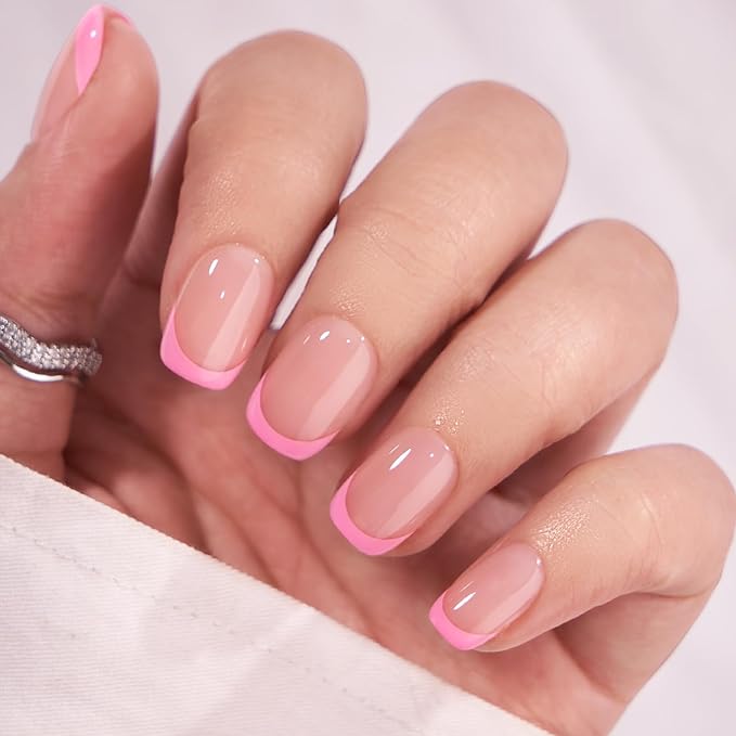 BTArtbox French Tip Press On Nails - Press on Nails Square, Pink Glue On Nails, Fit Perfectly & Natural Reusable Stick On Nails in 15 Sizes, 30 Pcs Soft Gel Kit, Dolce Pink