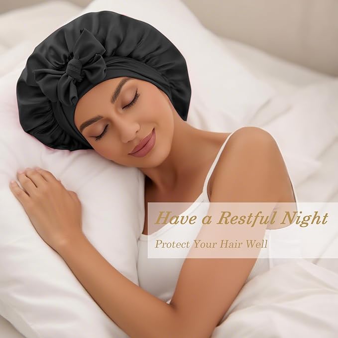 Satin Hair Bonnet for Sleeping Women, Double Layer Silk Bonnets for Women with Tie Band, for Braids Curly Long Hair